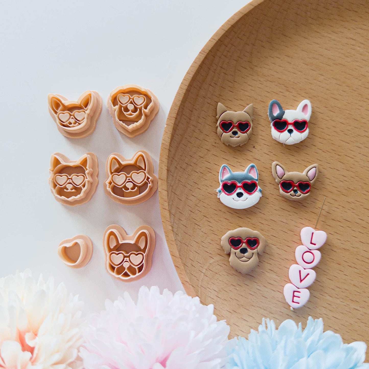 Summer Beach Dog Face Clay Cutter with Heart Sunglasses for Earrings