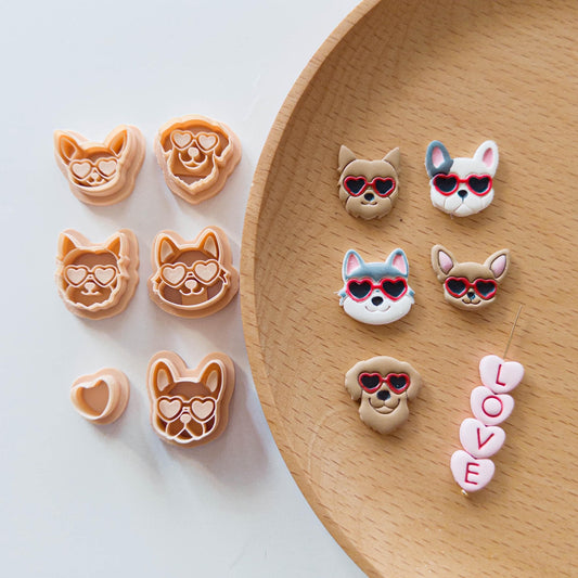Summer Beach Dog Face Clay Cutter with Heart Sunglasses for Earrings