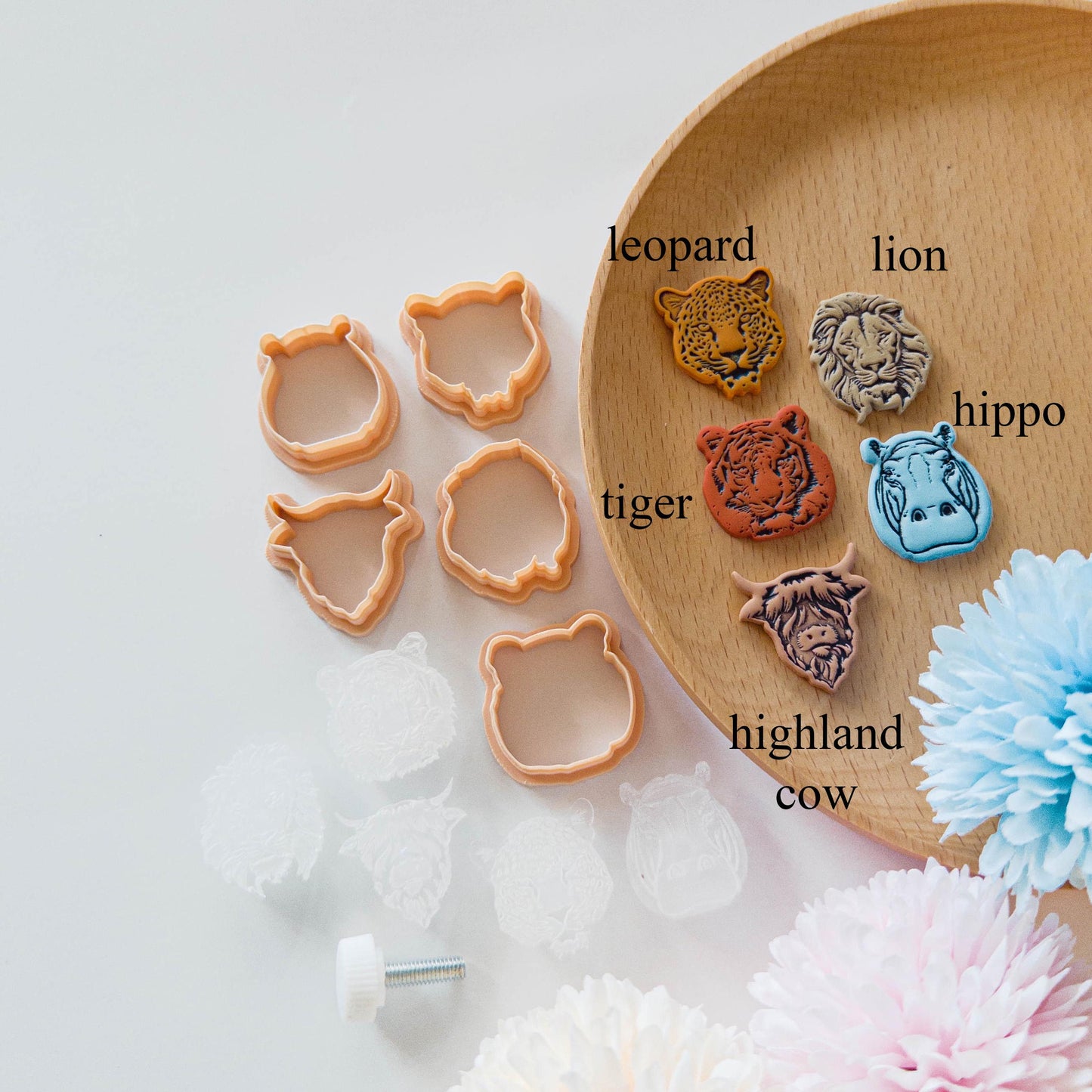 Safari Animal Head Clay Cutter and Stamp Set, Lion Tiger Leopard Hippo Highland Cow