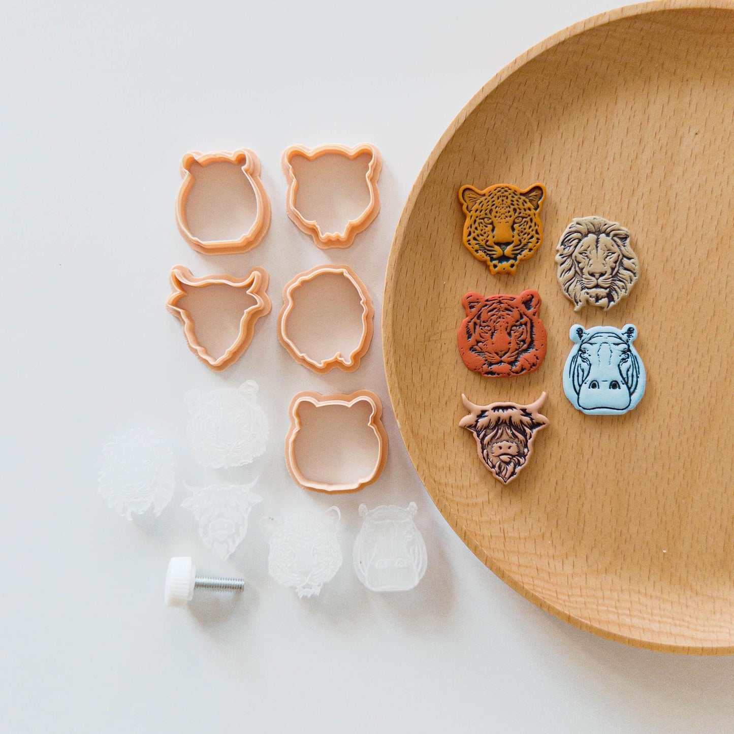 Safari Animal Head Clay Cutter and Stamp Set, Lion Tiger Leopard Hippo Highland Cow