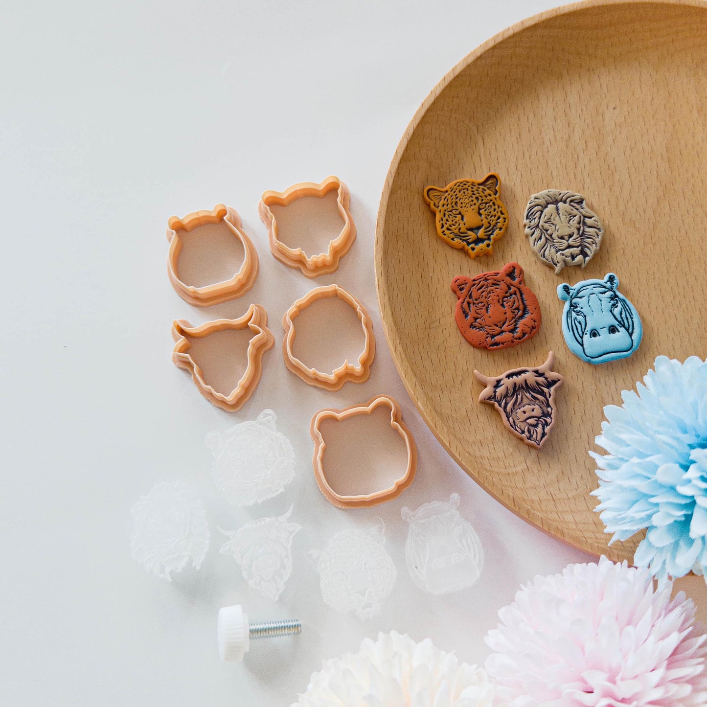 Safari Animal Head Clay Cutter and Stamp Set, Lion Tiger Leopard Hippo Highland Cow