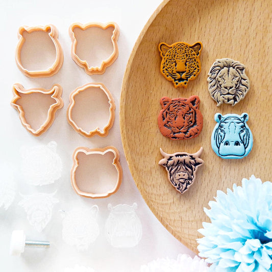 Safari Animal Head Clay Cutter and Stamp Set, Lion Tiger Leopard Hippo Highland Cow