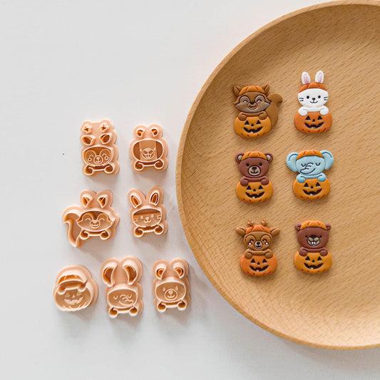 Halloween Animal Polymer Clay Cutters – Pumpkin Bear, Rabbit, Elephant, Squirrel, Deer & Beaver
