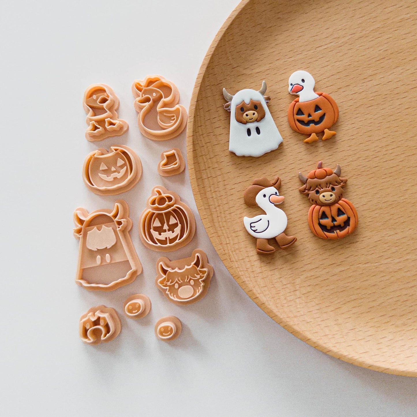 Halloween Highland Cow & Goose Polymer Clay Cutters – Pumpkin, Ghost & Cowboy