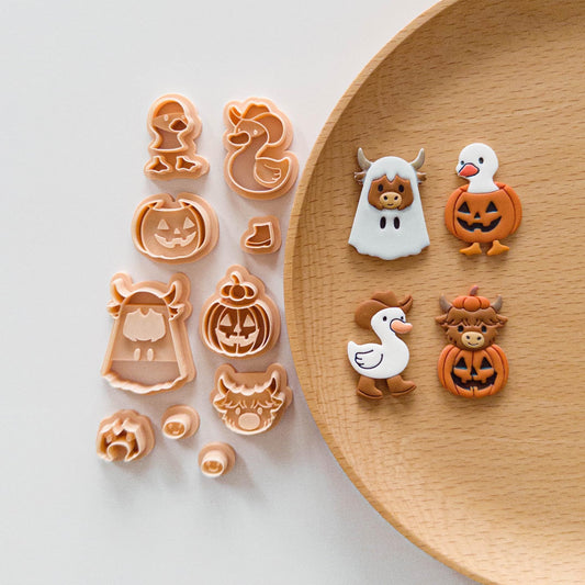 Halloween Highland Cow & Goose Polymer Clay Cutters – Pumpkin, Ghost & Cowboy