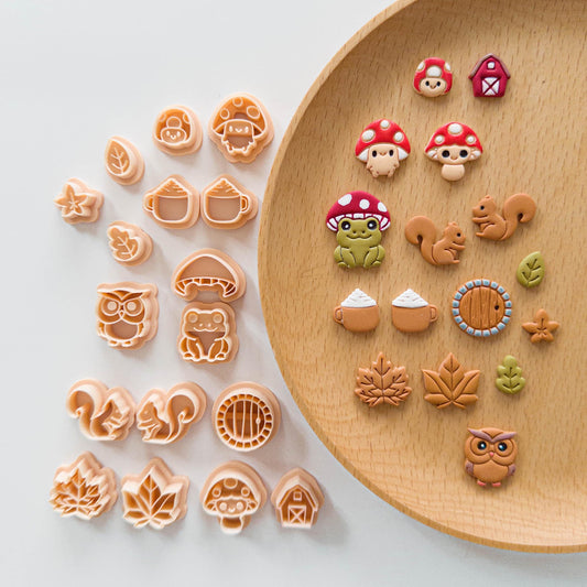 Fall Woodland Polymer Clay Cutters | Mushroom, Frog, Owl, Squirrel, Leaf Shapes